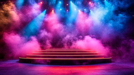 Fototapete - Multi-tiered neon platform with bright edges and vertical beams in vibrant pinks and purples under a smoky black backdrop for a sci-fi presentation with side empty space for text Stockphoto style