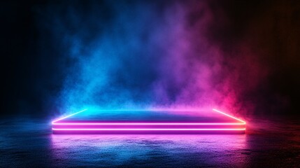 Fototapete - Geometric neon platform highlighted in vibrant purples and blues with beams illuminating vertically against a smoky black background for a sci-fi theme with side empty space for text Stockphoto style