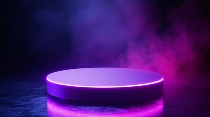 Fototapete - Geometric neon platform highlighted in vibrant purples and blues with beams illuminating vertically against a smoky black background for a sci-fi theme with side empty space for text Stockphoto style