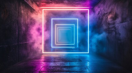 Fototapete - Stacked neon circle and square shapes glowing with blue and purple beams rising from a dark foggy background creating a sci-fi display with side empty space for text Stockphoto style