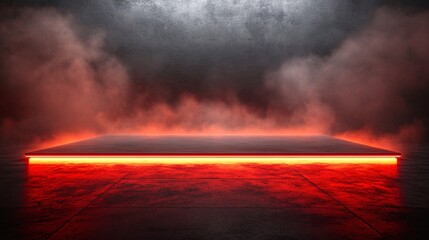 Fototapete - Floating triangular neon platform with intense beams against a dark mist-filled backdrop evoking a high-tech and futuristic atmosphere with side empty space for text Stockphoto style