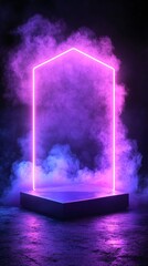 Fototapete - Octagonal glowing platform surrounded by intense neon lights and smoky atmosphere for a futuristic tech presentation with side empty space for text Stockphoto style