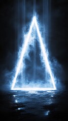 Fototapete - Futuristic triangular neon-lit podium with intense vertical beams and a black misty backdrop for a sci-fi teleportation scene with side empty space for text Stockphoto style
