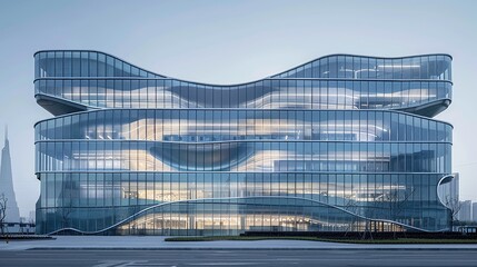 Poster - Modern office building with a wave-patterned glass facade