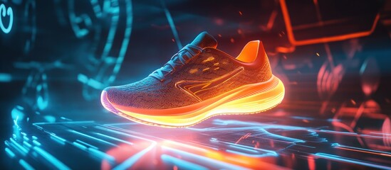 Wall Mural - A futuristic running shoe with a glowing sole, levitating above a digital platform.