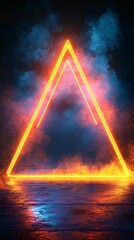 Wall Mural - Triangular platform with neon edges and vertical beams set against a misty black background for a sleek high-tech display scene with side empty space for text Stockphoto style