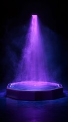 Fototapete - Octagonal platform with neon pink and purple beams extending upward in a dense smoky atmosphere for a sci-fi teleportation theme with side empty space for text Stockphoto style