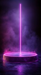 Fototapete - Octagonal platform with neon pink and purple beams extending upward in a dense smoky atmosphere for a sci-fi teleportation theme with side empty space for text Stockphoto style