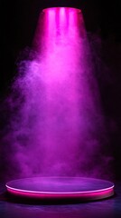 Fototapete - Octagonal platform with neon pink and purple beams extending upward in a dense smoky atmosphere for a sci-fi teleportation theme with side empty space for text Stockphoto style