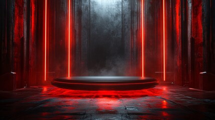 Fototapete - Neon-lit geometric platform with a sleek black stage surrounded by vertical beams of light creating a futuristic and high-tech ambiance with side empty space for text Stockphoto style