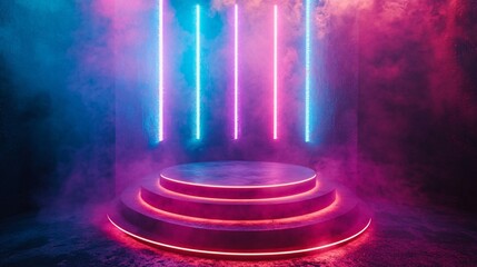 Fototapete - Circular neon-lit podium with blue and purple beams rising vertically from the edges and a smoky atmosphere suggesting a teleportation effect with side empty space for text Stockphoto style