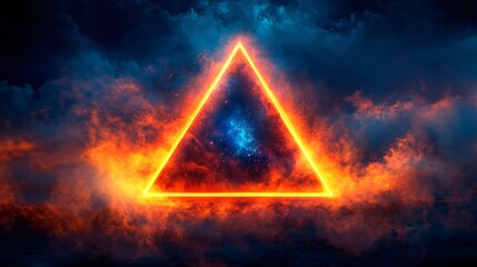 Fototapete - Futuristic triangular platform emitting radiant neon lights with a dark foggy backdrop adding a sci-fi teleportation vibe with side empty space for text Stockphoto style