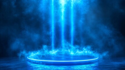 Fototapete - Radiant blue circular stage with sharp vertical neon lights against a dense fog background resembling a teleportation platform with side empty space for text Stockphoto style