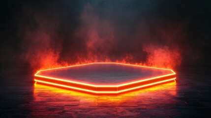 Fototapete - Bright neon pentagon platform surrounded by vertical beams against a dark, misty background evoking a high-tech display or portal with side empty space for text Stockphoto style