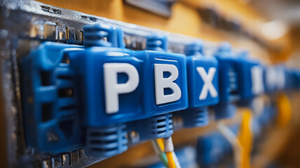 Poster - A blue and white sign with the letters P, B, X, and E. The sign is on a wire