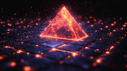 Poster - A pyramid is lit up in red and blue. The pyramid is on a black background. The colors of the pyramid and the background create a sense of contrast and depth