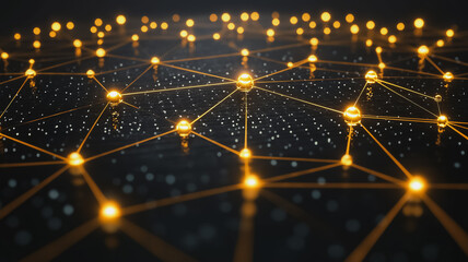 Poster - A network of glowing spheres is displayed on a black background. The spheres are connected to each other in a web-like pattern, creating a sense of interconnectedness and complexity. Concept of a vast