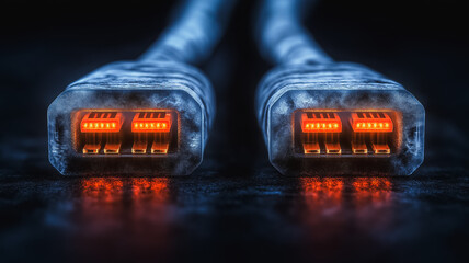 Poster - Two cables with red lights on them. The cables are connected to a computer. The image has a mood of technology and innovation