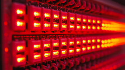 Poster - A row of red lights are lit up in a row. The lights are arranged in a grid pattern