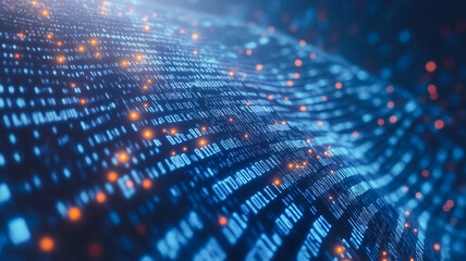 Poster - A blue and orange wave of binary code. The blue and orange colors create a sense of contrast and movement, while the binary code itself suggests a futuristic or technological theme