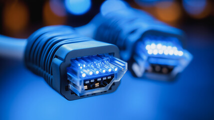 Poster - A blue cable with a white connector on the end. The cable is connected to a computer