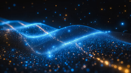 Poster - A blue and orange wave of light with many small dots. The dots are scattered throughout the image, creating a sense of movement and energy. The blue and orange colors give the image a vibrant
