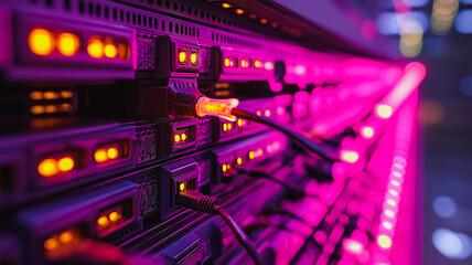 Poster - A row of servers with yellow lights on them. The servers are connected by cables. Concept of technology and organization