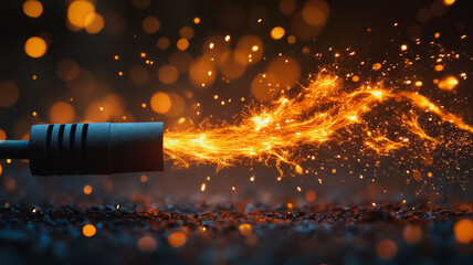 Poster - A wire is lit on fire and the flames are shooting out of it. The image has a dramatic and intense mood, as the fire is spreading quickly and unpredictably