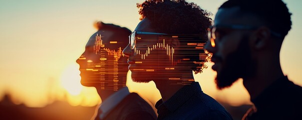 Silhouetted profiles against a sunset with digital graphs, representing innovation and futuristic concepts in technology.