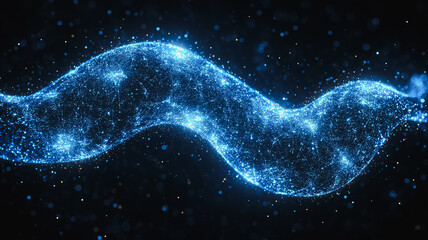 Poster - A long, blue wave with a lot of sparkles in the air. The sparkles are blue and the wave is long, stretching across the entire image. The blue color of the wave