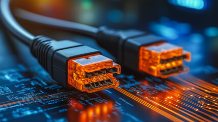 Poster - A black and orange cable is laying on a circuit board. The cable is connected to a computer and is likely used for data transfer