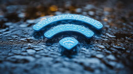 Poster - A blue wifi symbol is on a wet surface. Concept of technology and connectivity, as well as the idea of being connected to the internet. The wet surface adds a sense of freshness