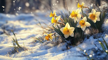 10.a group of daffodils emerges from a snow-covered ground, their bright yellow blooms glowing under