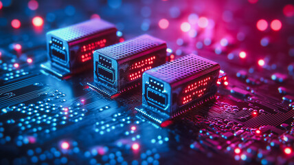 Poster - Three small electronic devices are lit up in a blue and purple background. The devices are connected to each other and to a circuit board. Scene is futuristic and technological