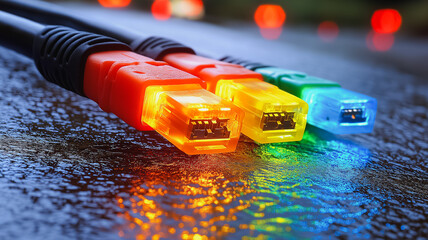 Poster - A colorful cable with three different colored plugs. The cable is on a surface and the plugs are glowing