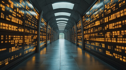Poster - A long hallway with many computer monitors on the walls. The monitors are lit up and the hallway is empty