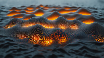 Poster - A computer generated image of a lava field with a few small bubbles of light. The image has a surreal and dreamlike quality to it, with the lava and bubbles appearing to be floating in the air