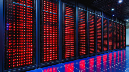 Poster - A row of computer servers with red lights on them. The servers are lined up in a row and are all lit up
