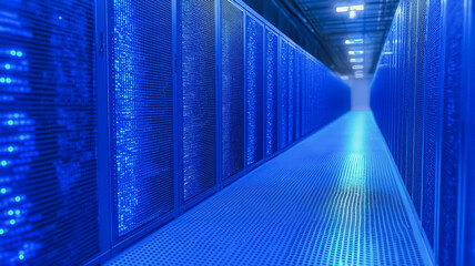 Poster - A blue room with many blue screens. The room is very bright and the blue screens are very clear