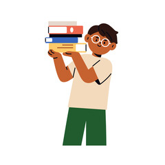 Poster - Boy holding book stack in hands. Cute child student in glasses, carrying literature for reading from library. School education and study concept. Flat vector illustration isolated on white background
