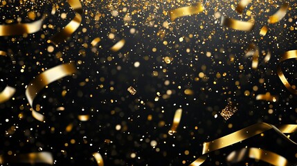 Wall Mural - festive new year background with transparent golden confetti and falling shiny gold ribbon streamers