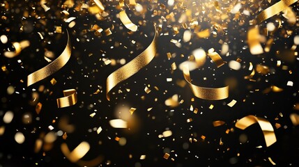 Wall Mural - festive new year background with transparent golden confetti and falling shiny gold ribbon streamers