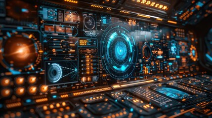 Futuristic control panel with glowing digital displays and buttons.