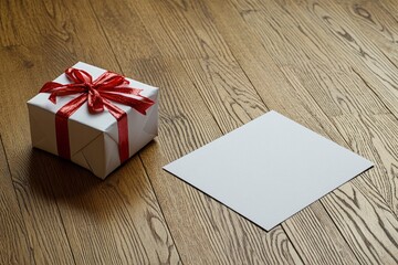 Chirstmas card and gift on the wooden floor 