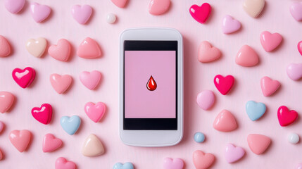 Poster - Smartphone with blood drop icon on screen is surrounded by colorful heart shaped objects, symbolizing health and wellness
