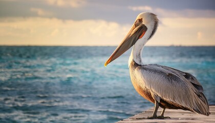 pelican bird sitting on jetty looking out into the ocean