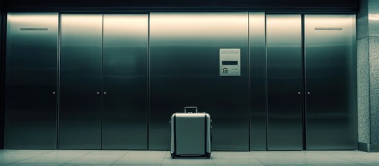 Wall Mural - A single suitcase stands before a set of sleek, metallic doors in a dimly lit hallway.