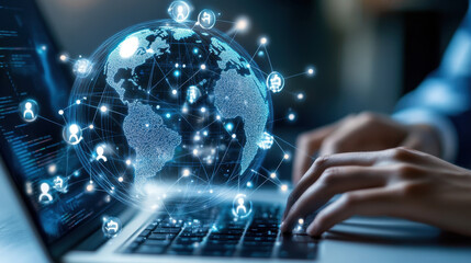 Wall Mural - close up view of laptop with persons hand typing, surrounded by digital globe and network connections, symbolizing global communication and technology