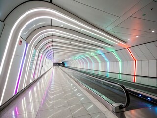 Wall Mural - Futuristic 3D White Tunnel Corridor with Abstract Neon Lighting in a Modern Interior Space for Innovative Architecture and Design Concepts