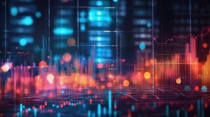 Poster - Abstract depiction of financial graphs and charts in neon colors